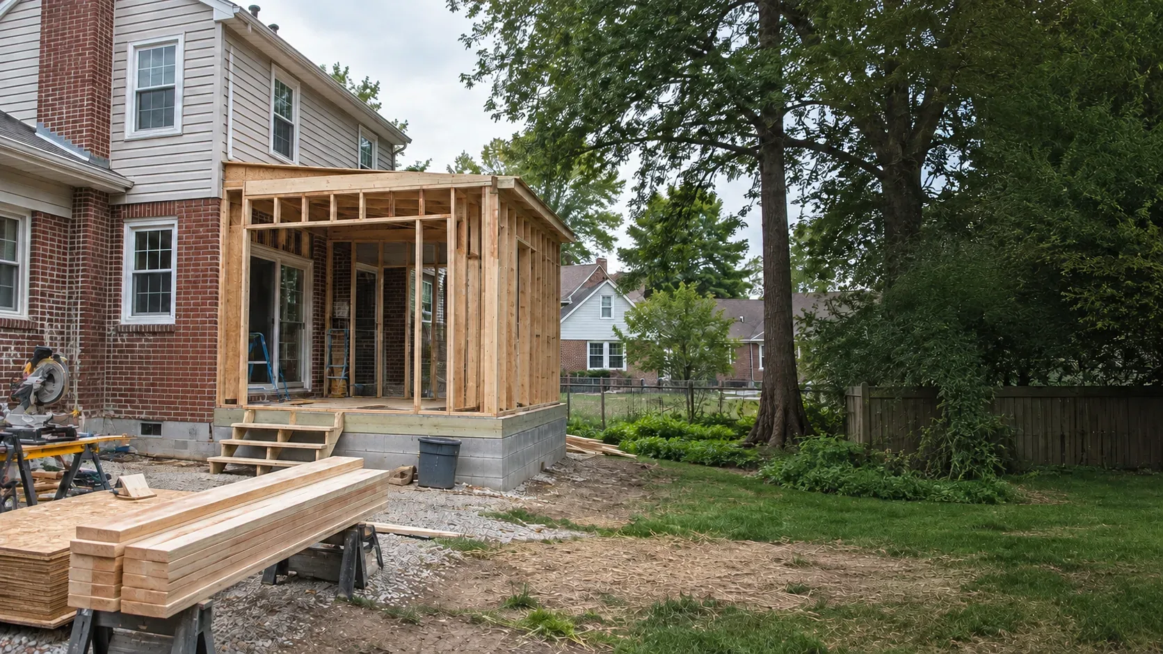 Wood-framed porch addition under construction on a Toledo-area home